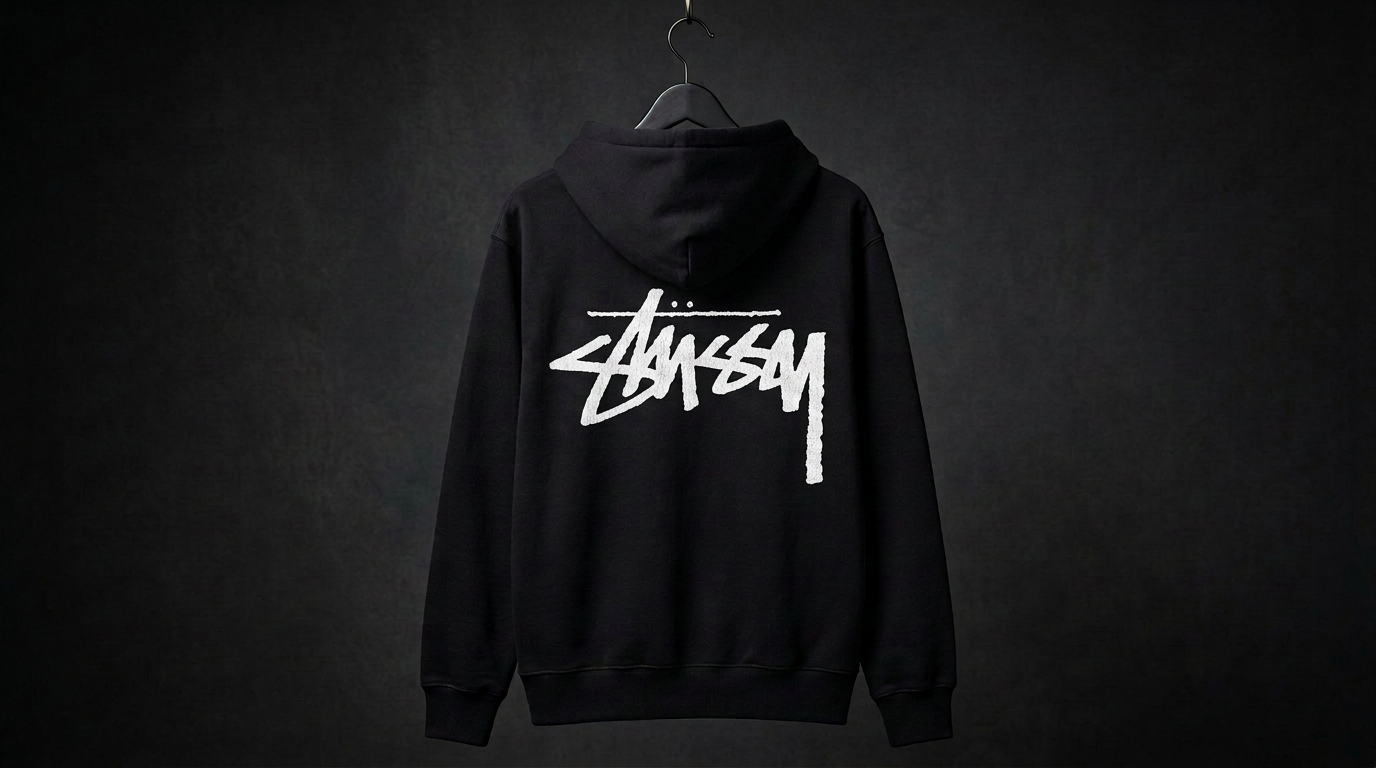 Back of the black Stüssy hoodie with the white script logo