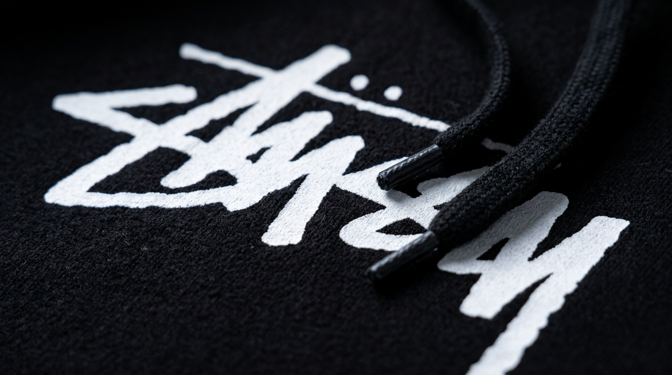 Close-up of the white Stüssy script print
