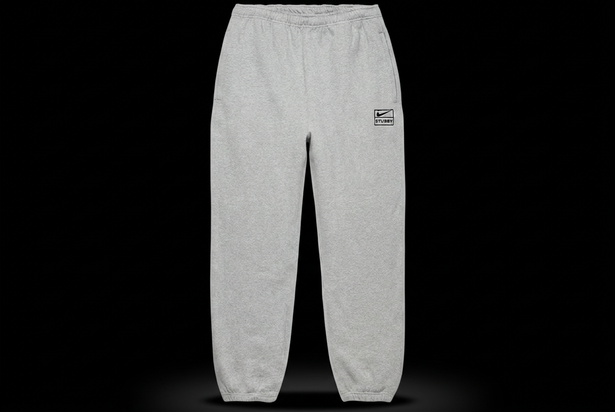 New grey Stüssy sweatpants on a black background